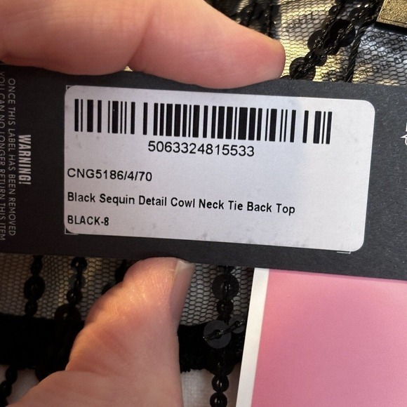 Pretty Little Thing Top Womens Size 4 Black Sequin Detail Cowl Neck Tie Back Top - Picture 3 of 9